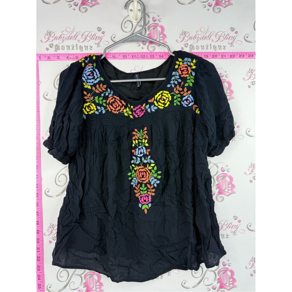 Kas designs tshirt flowers Black Embroidered Floral Peasant Blouse - Women